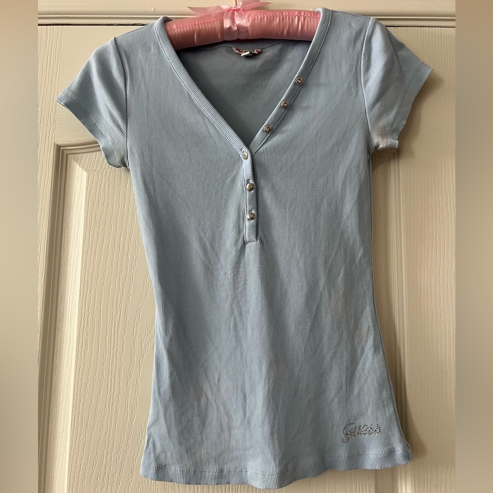 Guess Light Blue Cap Sleeve Tee - Size S (Runs Large) with Rhinestone Details